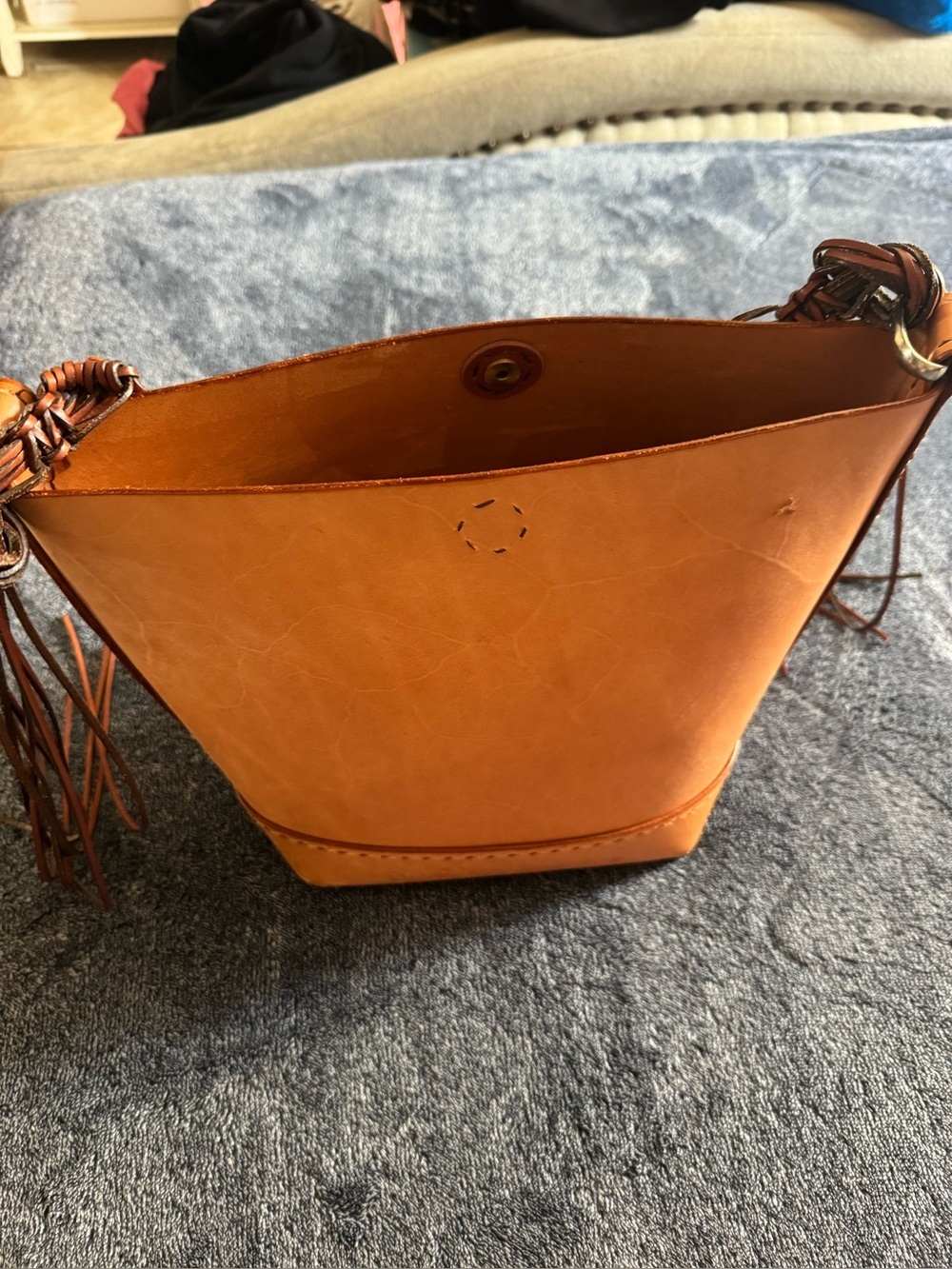 Tan Leather Shoulder Bucket Bag with Fringe Accent